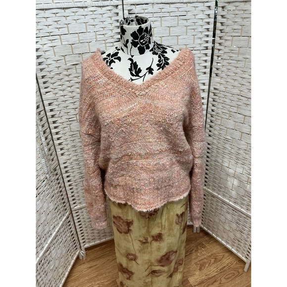 J Crew Puff Sleeve V Neck Sweater Pink Space Dye Women's L Wool Alpaca Blend - Picture 1 of 5